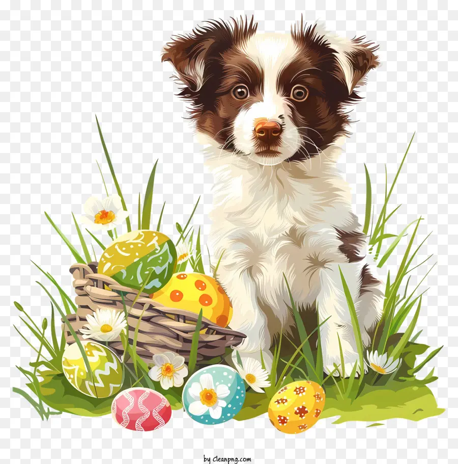 Pasqua PEGE PEGE CANE PASSE FIELL EAGGI EAME - Piccolo cane con uova di Pasqua in campo