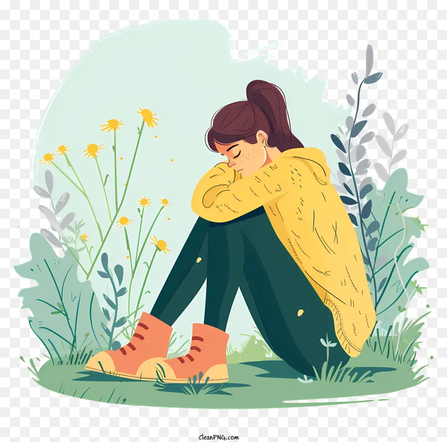 Depressione dei cartoni animati DEPRESSIONE DEPRESSIONE EMODITÀ SALVIZIONE MENTALE - Donna che piange in erba con i fiori