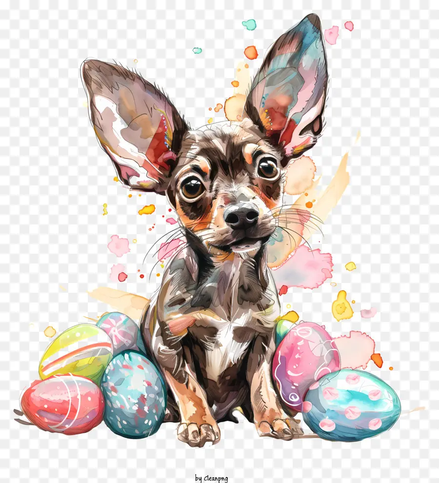 Pinselstrich - Chihuahua mit Ei vor farbenfrohen Gegenständen