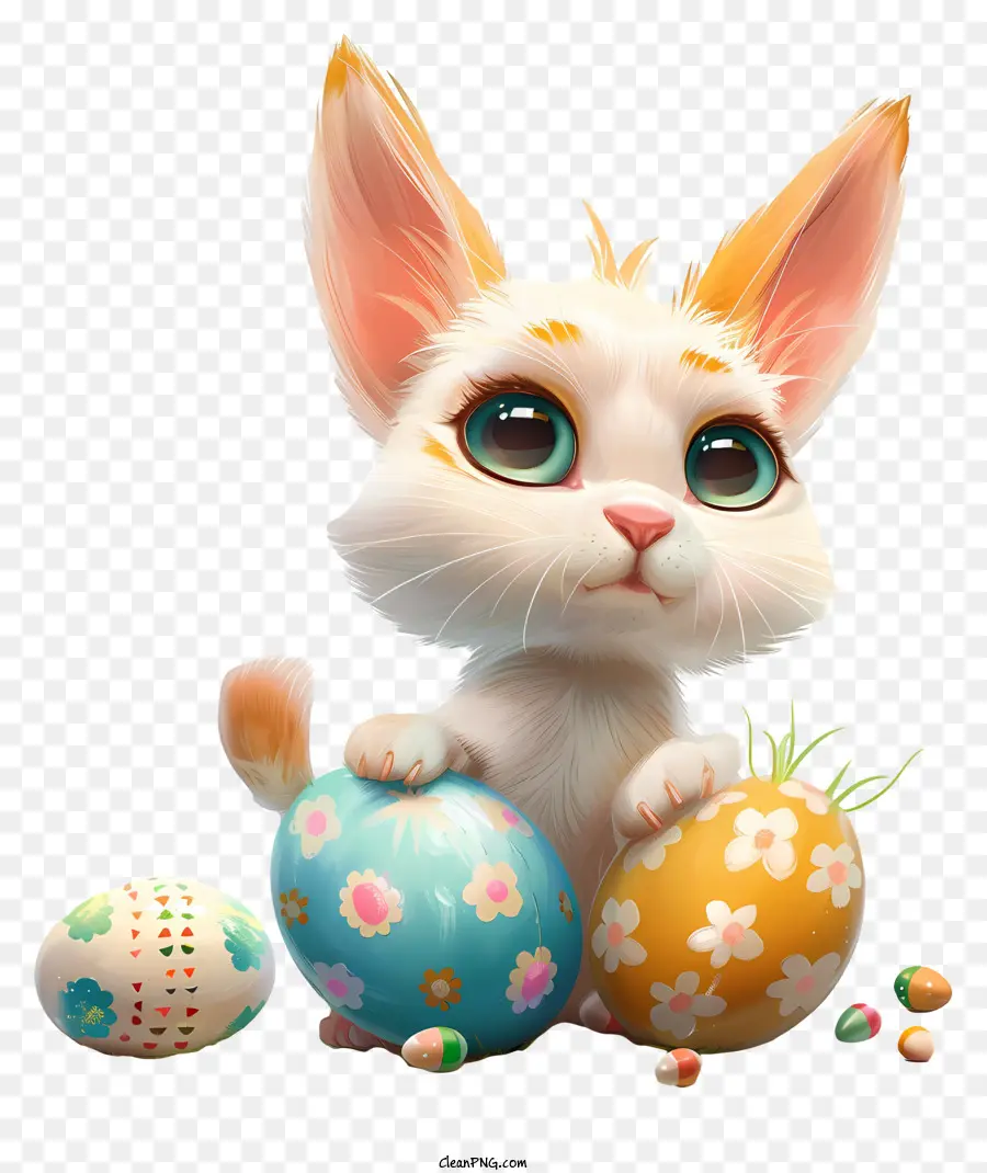 Ostern Haustier weißes Kätzchen Big Eyes Fluffy Fell süßes Tier - Weißes Kätzchen sitzt auf Eiern, große Augen
