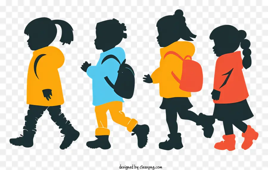 Kinder silhouette - Vier Kinder in Schuluniformen, die zusammen laufen