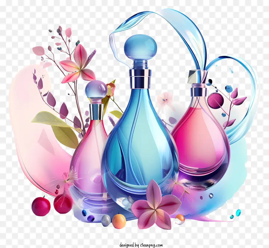 fragrance day glass bottles pink and purple ribbons flowers leaves