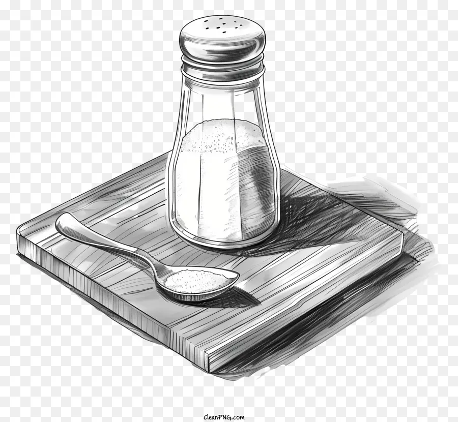 Salzschüttler Salzglas Glas Holzschneidbrettlöffel - Salzglas und Löffel auf Schneidebrett