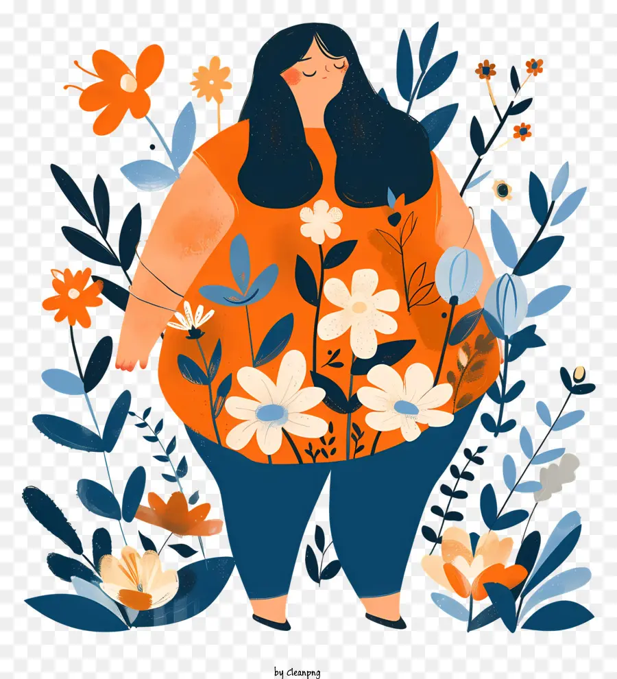 World Obesity Day Cartoon Carattere Woman Field Flowers - Donna cartone animato in campo con fiori che sorridono