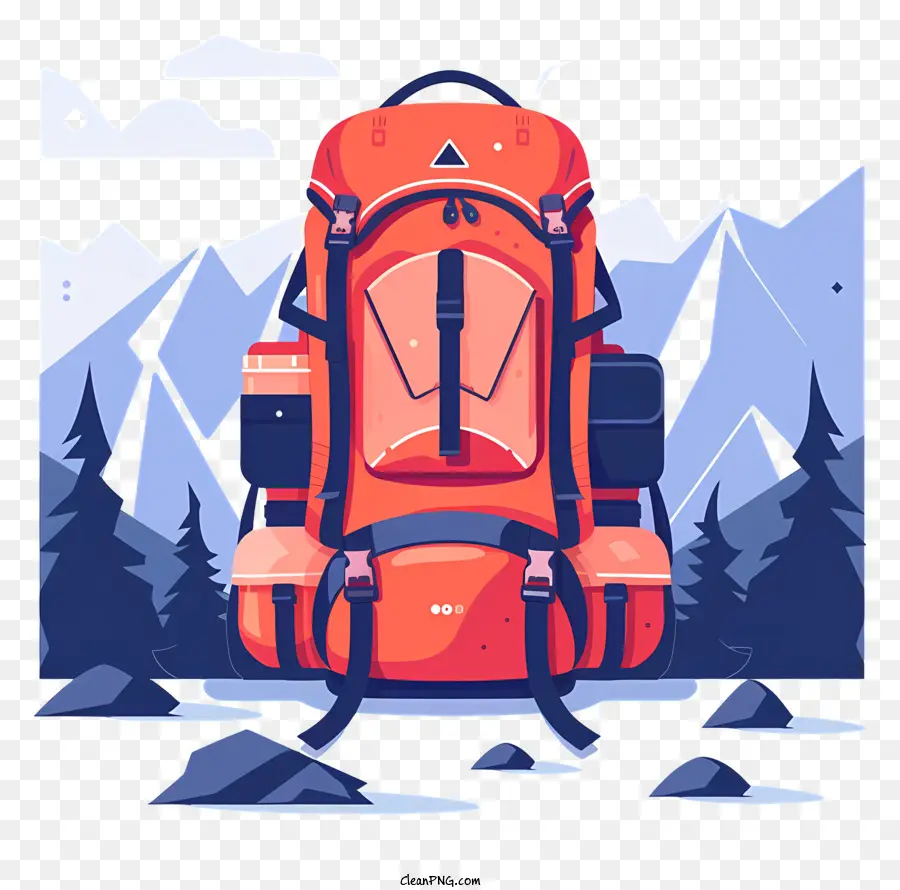Pinien - Roter Rucksack auf Snowy Mountain mit Accessoires