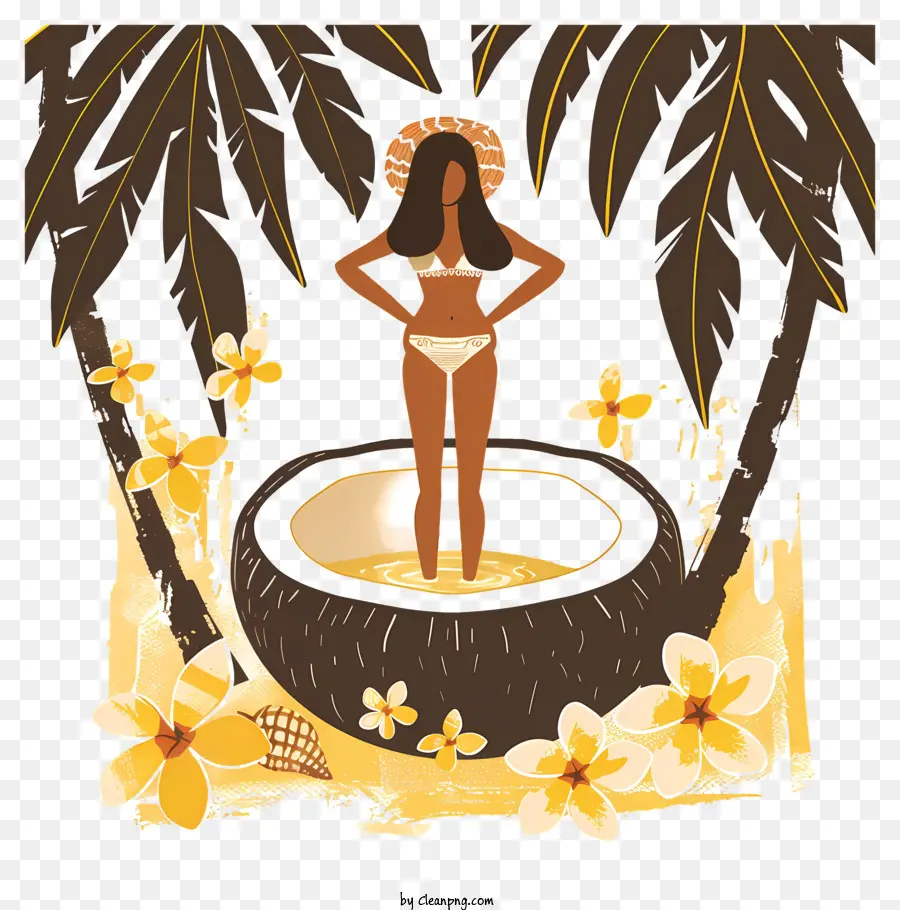 Palmen - Frau im Bikini auf der Insel mit Kokosnüssen