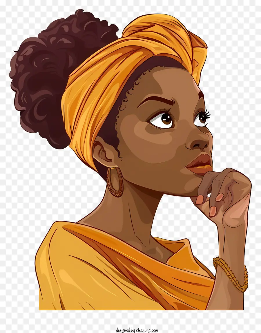 denken - Schwarze Frau im gelben Kopftuch, der nachdenklich nachdenkt