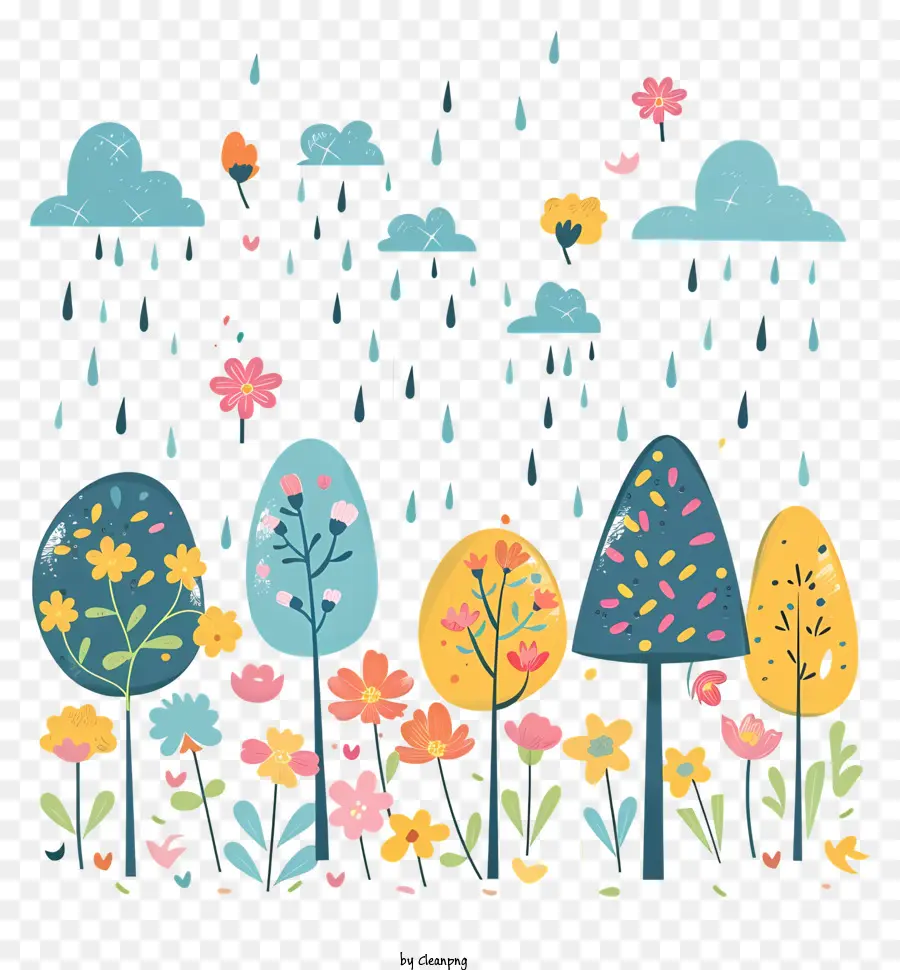 Frühling regnerischer Tag Regenbäume Blumen - Bunte Bäume im Regen mit Blumen herum