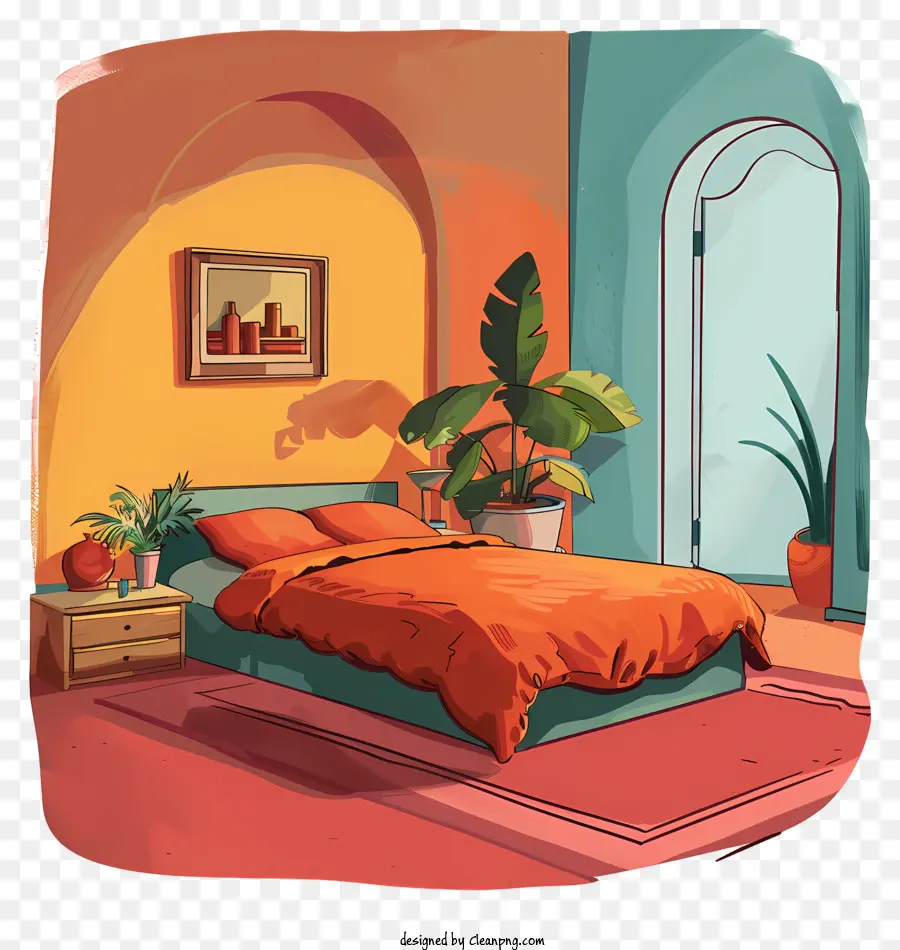 Schlafzimmer Cartoon Schlafzimmer Dekor Innenarchitektur Home Dekoration Orange Teppich - Farbiges Schlafzimmer mit Pflanzen und natürliches Licht