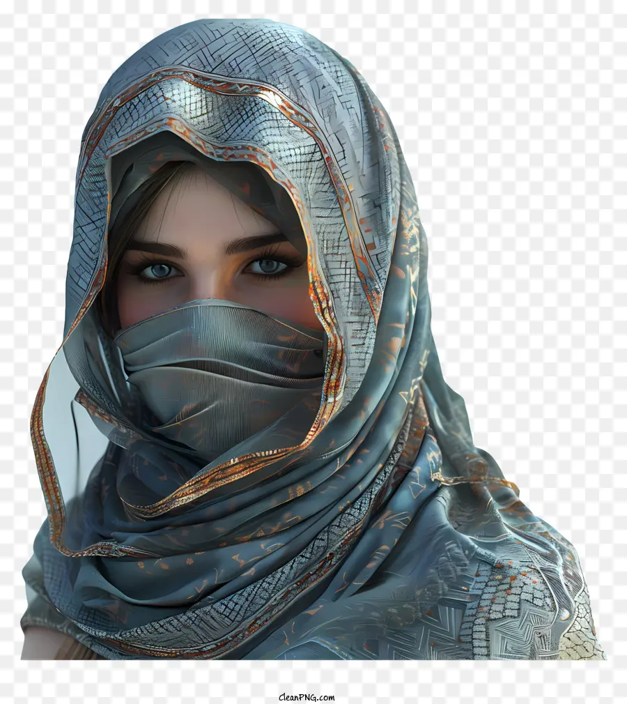 Cartoon woman con velo donna blu velante grigio hijab capelli castani scuri - Donna misteriosa in blu pensando profondamente
