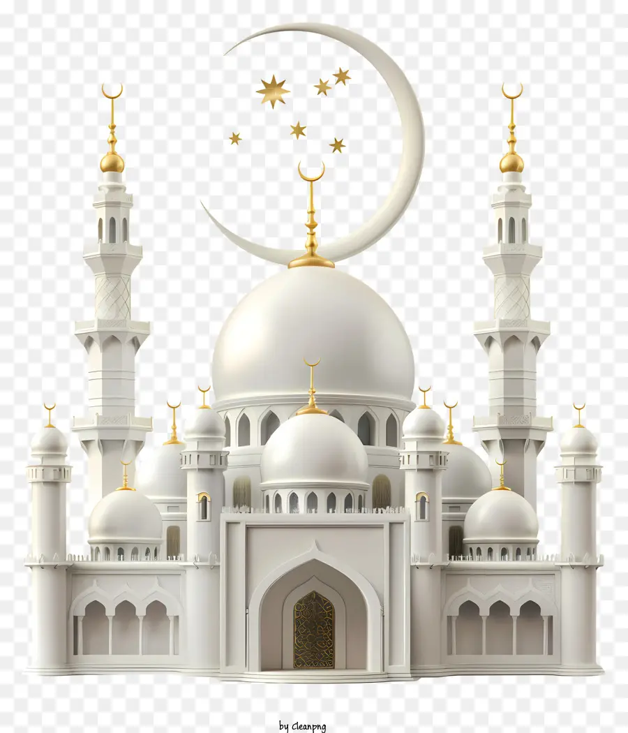 islamische Architektur - Weiße Kuppelmoschee mit Minaretten und Halbmondmond