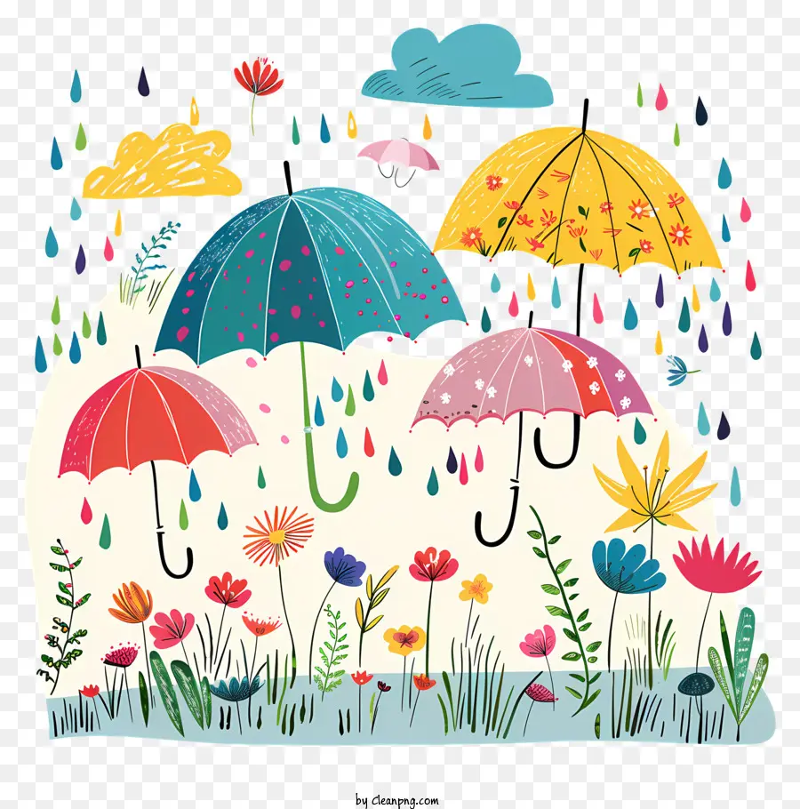 Wassertropfen - Schwimmende Regenschirme im bewölkten Himmel mit Blumen
