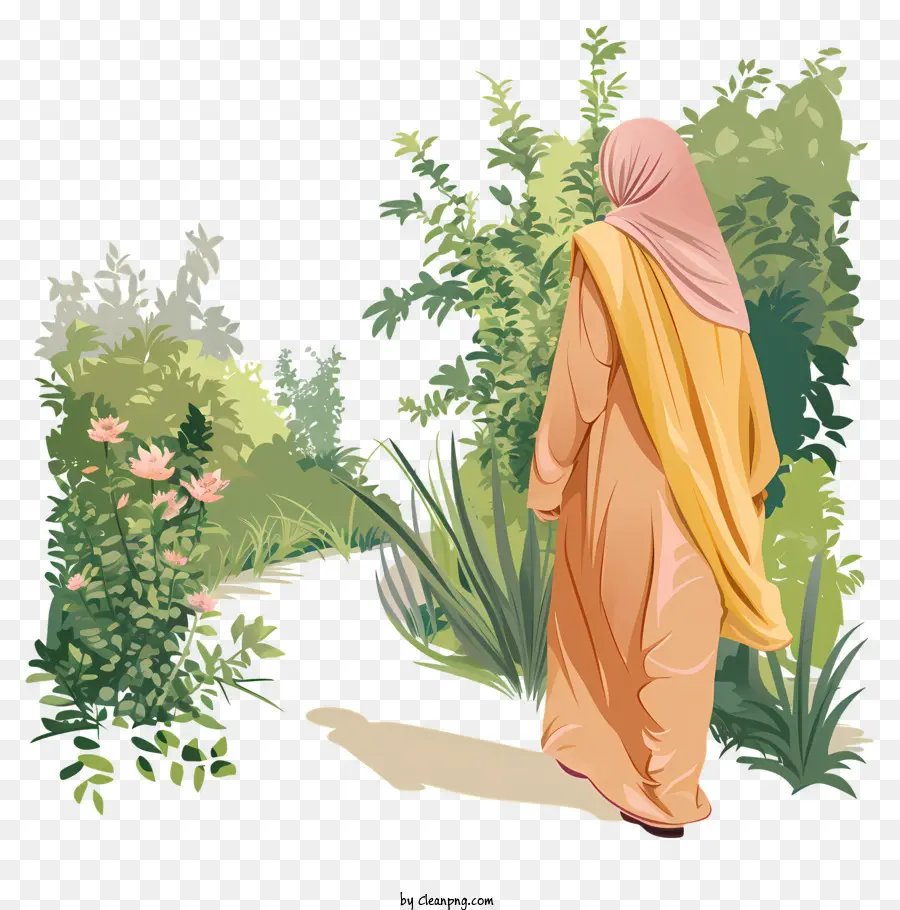 Hijab - Frau im orangefarbenen Hijab im Park steht
