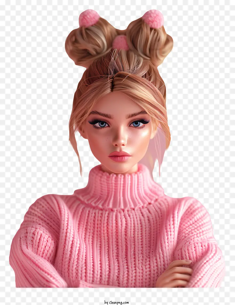 barbie blonde hair pink sweater two buns woman