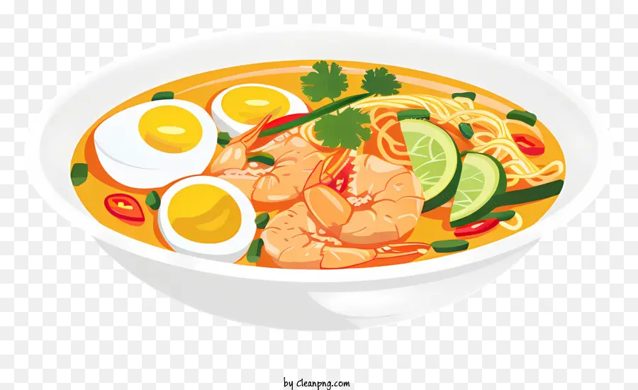 penang assam laksa noodle soup chicken shrimp eggs