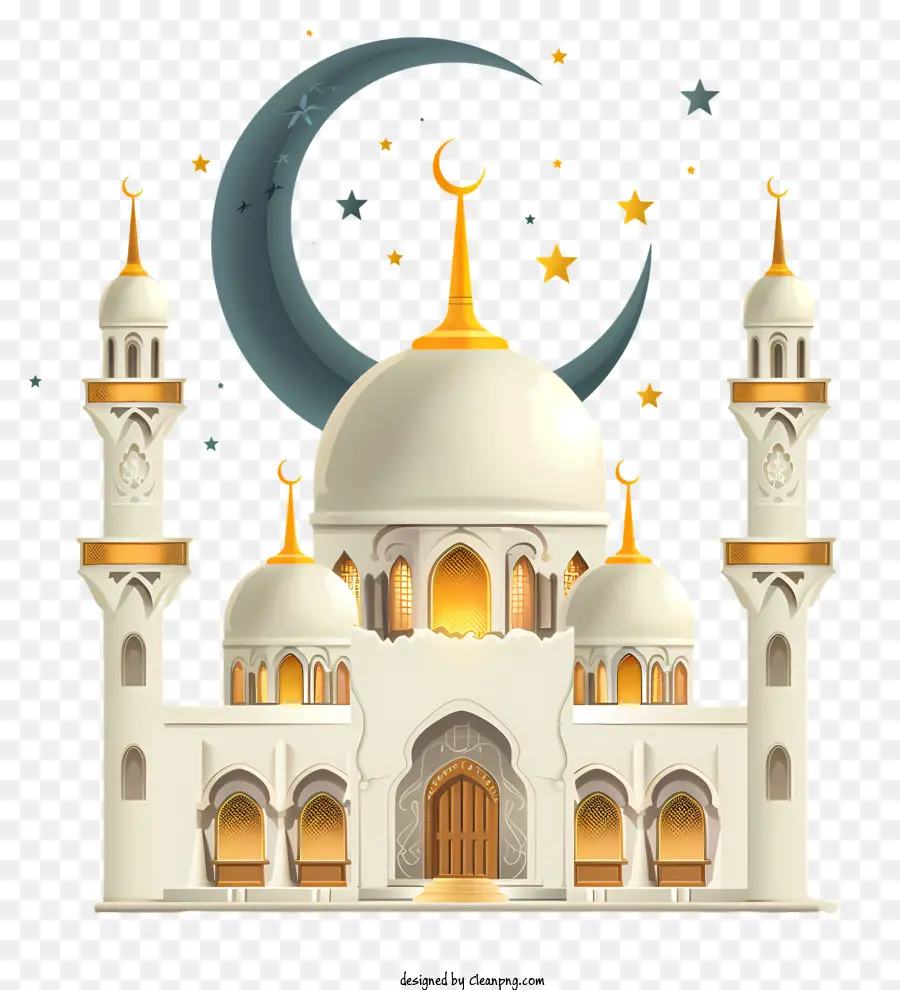 Ramadan - Weiße Moschee mit Minaretten, Stern, Mond, schwarzer Hintergrund