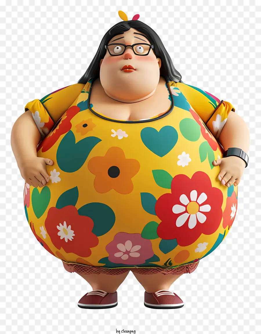Fettleibigkeit Frau Cartoon Körper Positivität Plus Größe Mode Glück Selbstbewusstsein - Glücklich, dicke Frau in Blumenkleid und Lächeln