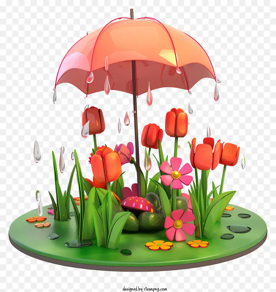 Frühling regnerischer Tag Regenbogenblumen Tulpen Gänseblümchen - Bunte nasses Blumen mit rosa Regenschirm. 
Freudige Szene