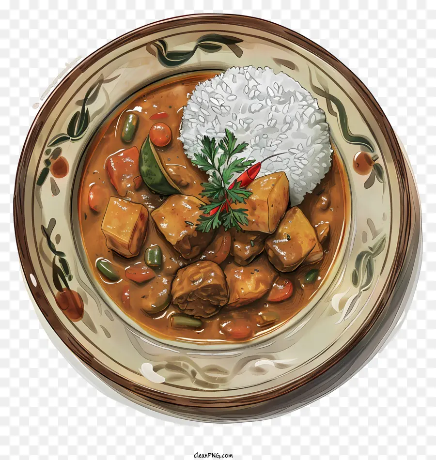 Kurkuma - Aquarellmalerei von Hühnchen -Curry mit Reis