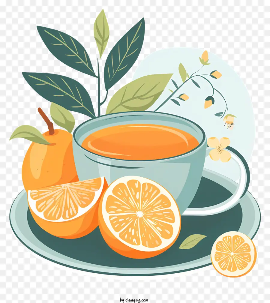 trà chanh - Tea Cup và cam trên chiếc đĩa lá