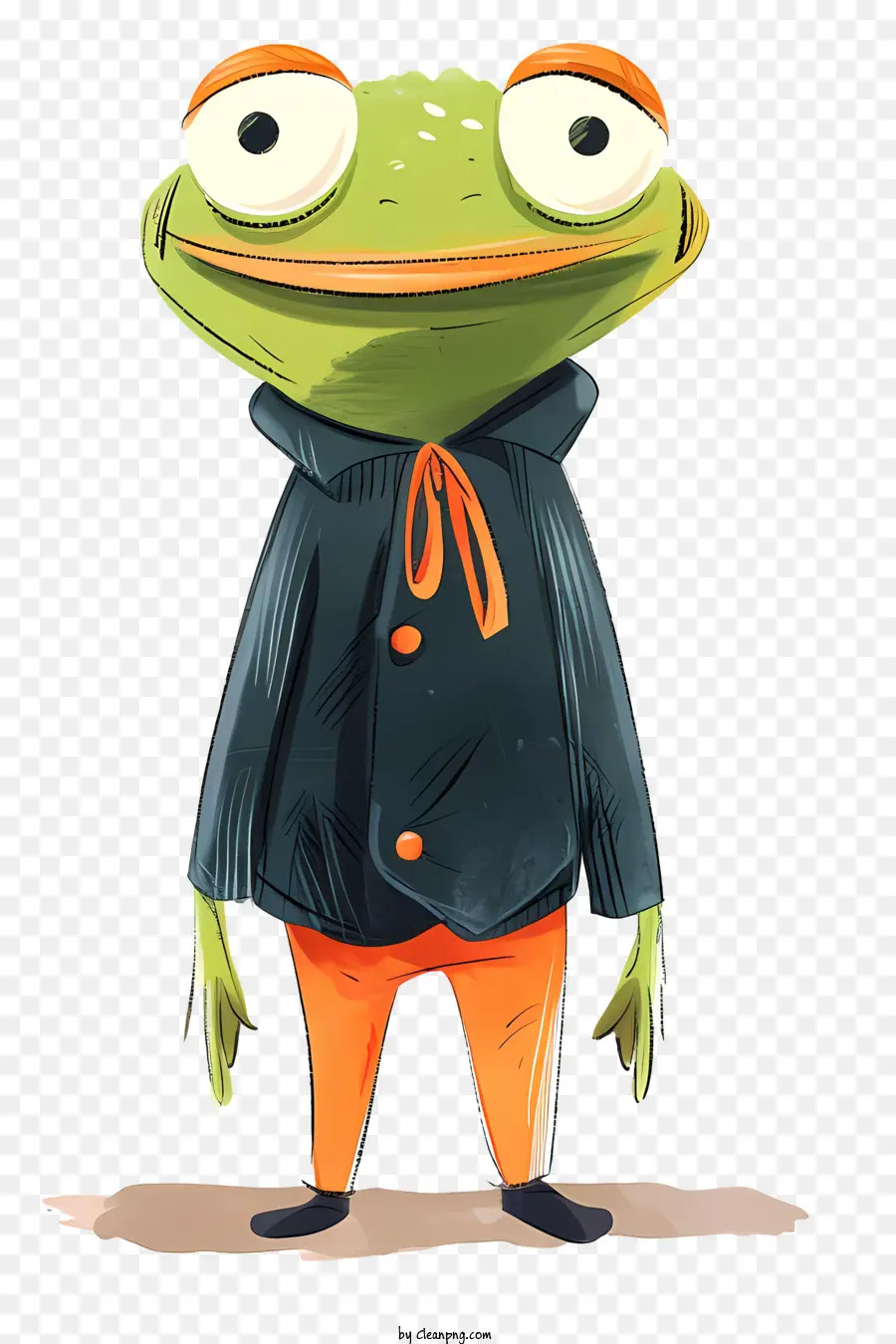 kermit der Frosch - Cartoonfrosch in orangefarbenen Kleidung streng stehend