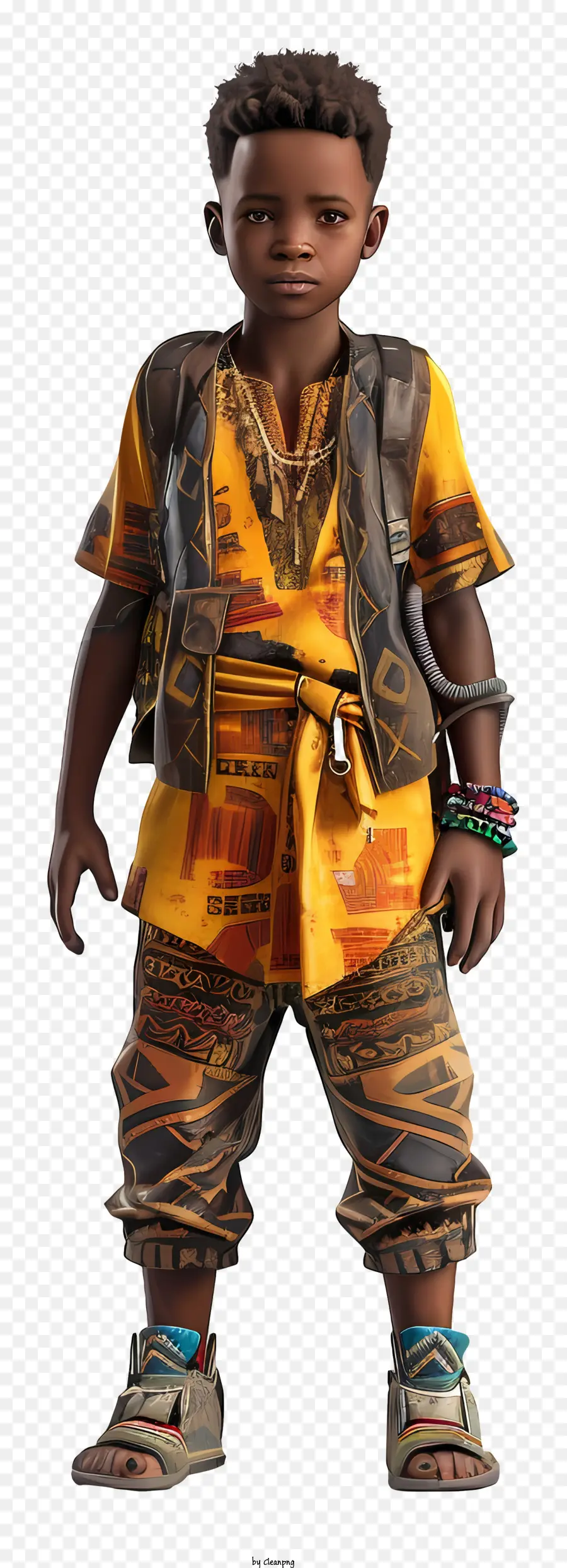 Afrikanischer Junge afrikanische Mode leuchtende gelbe Kleidung Afrika inspiriertes Outfit Modefotografie - Person in hellen afrikanischen Kleidung posiert draußen