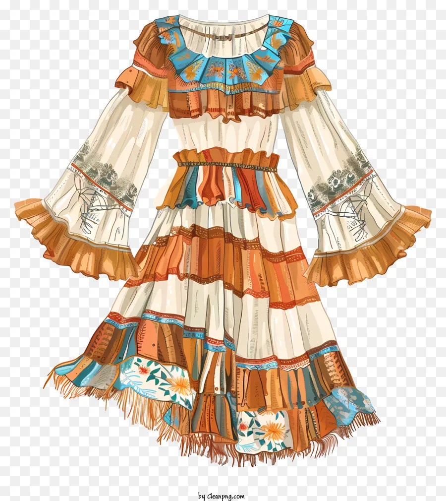 Orange - Vintage mexikanisches Kleid mit Rüschen, erdige Töne
