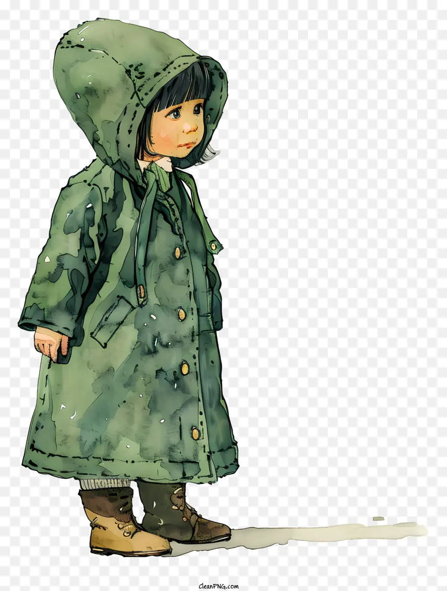 little girl in raincoat child green raincoat boots white shirt