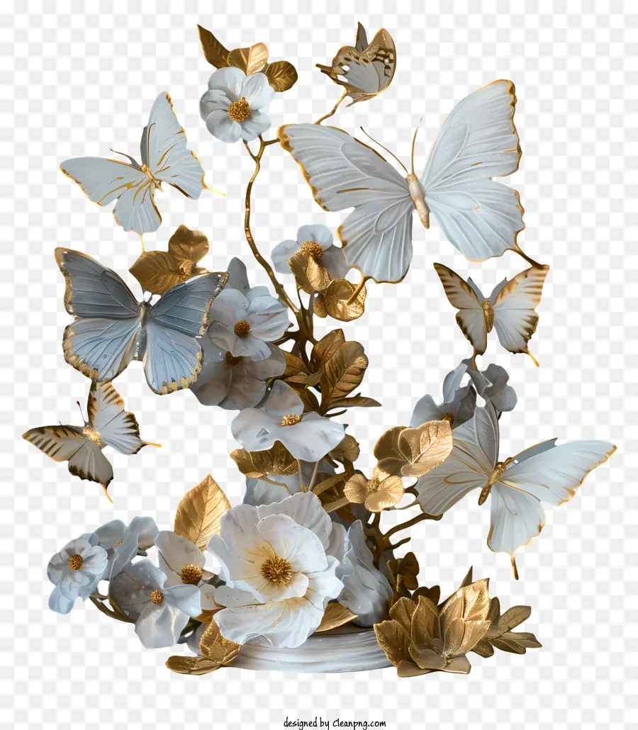 disegno floreale - Vaso bianco con farfalle dorate e fiori