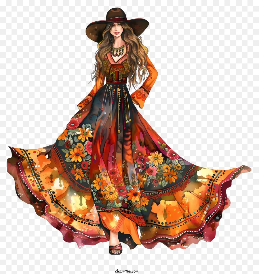 cây cọ - Người phụ nữ mặc váy hoa và mũ nắng