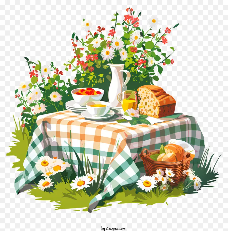 Tavolo da picnic primaverile cesto di pane di tè di pane di pane - Tavolo da picnic con cibo e fiori all'aperto