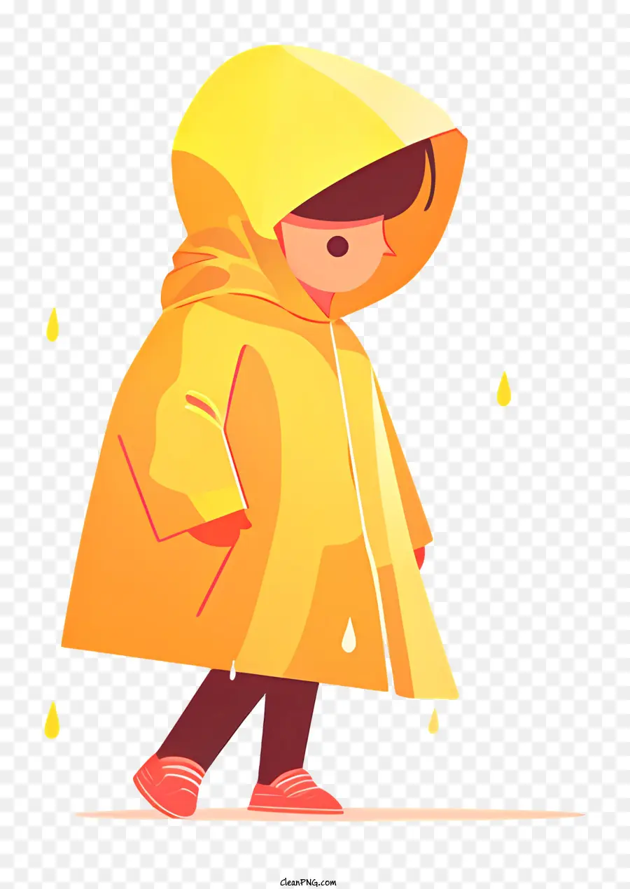 Bambina in impermea di pioggia piovosa per la giornata di pioggia che cammina con le scarpe da ginnastica rossa della pioggia - Ragazza con impermeabile giallo che cammina sotto la pioggia