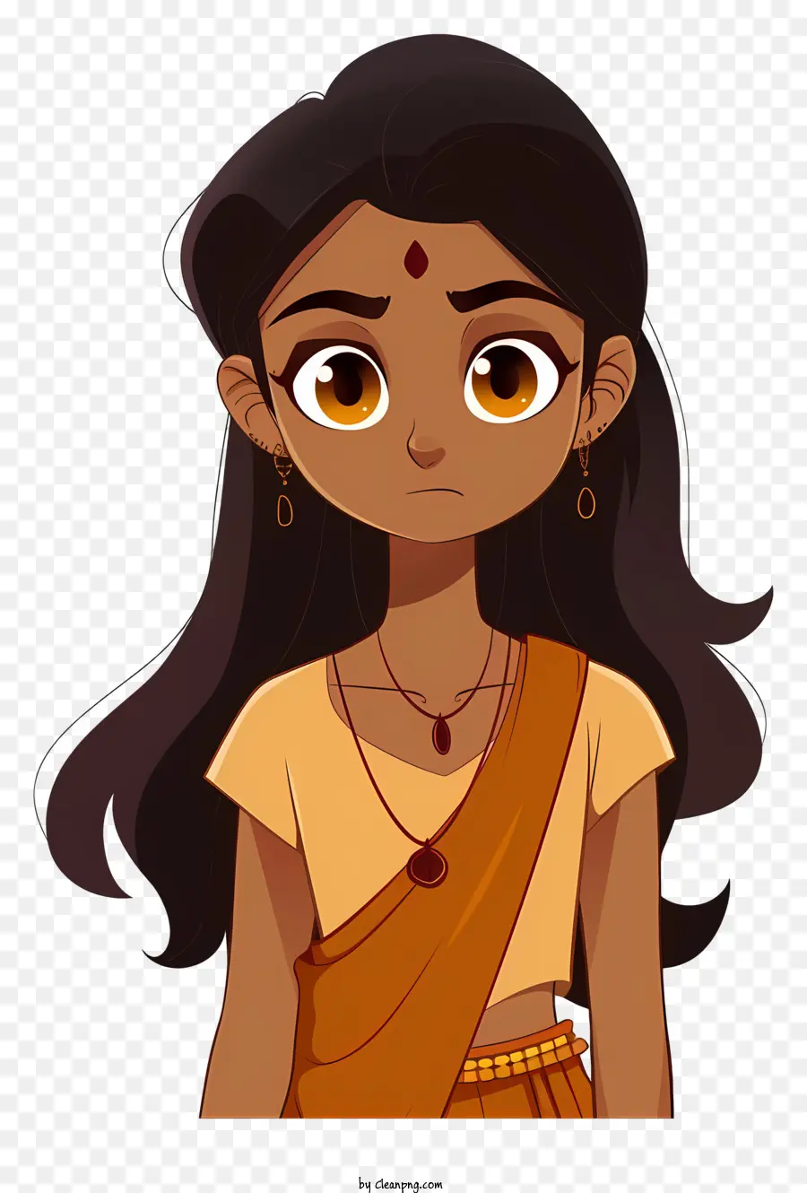 weißen hintergrund - Cartoon -Mädchen im orangefarbenen Sari, ausdrucksstarke Augen