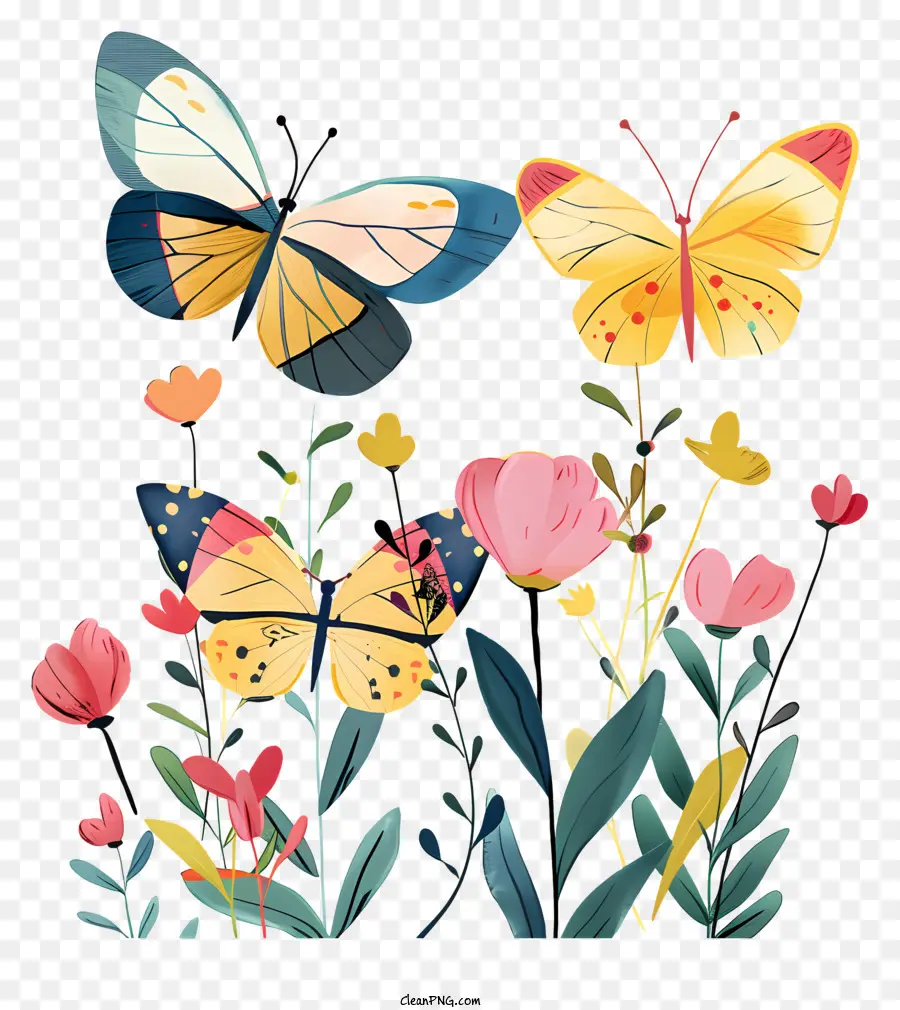 butterflies butterflies branch pink flowers yellow flowers