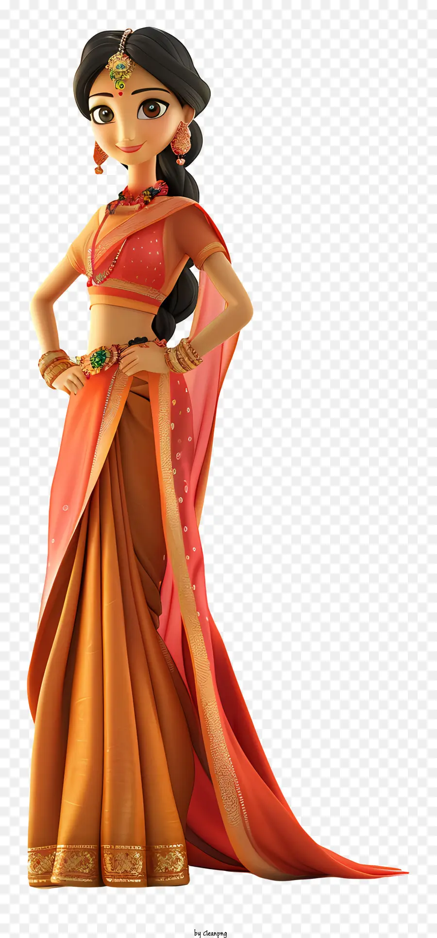 Người phụ nữ Ấn Độ Phim hoạt hình Người phụ nữ Ấn Độ Sari Trang phục truyền thống Sari - Người phụ nữ Ấn Độ hạnh phúc ở Orange Sari