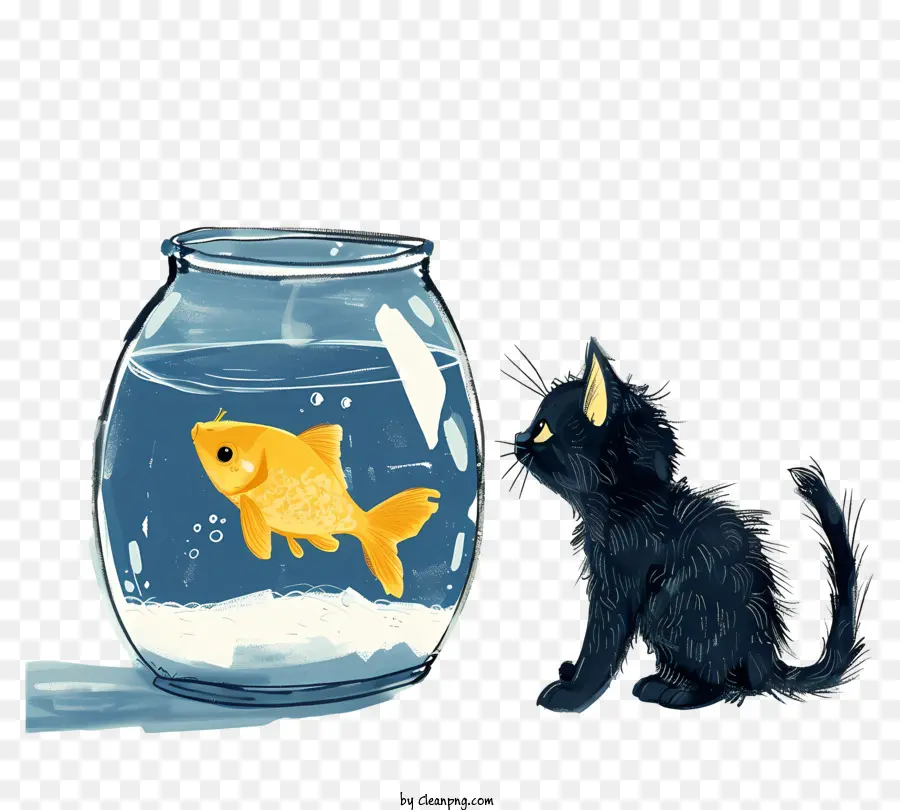Katze mit Fischtank schwarzer Katzenfischtank Goldfisch Kontemplation - Schwarze Katze starrt an Fisch im Panzer an