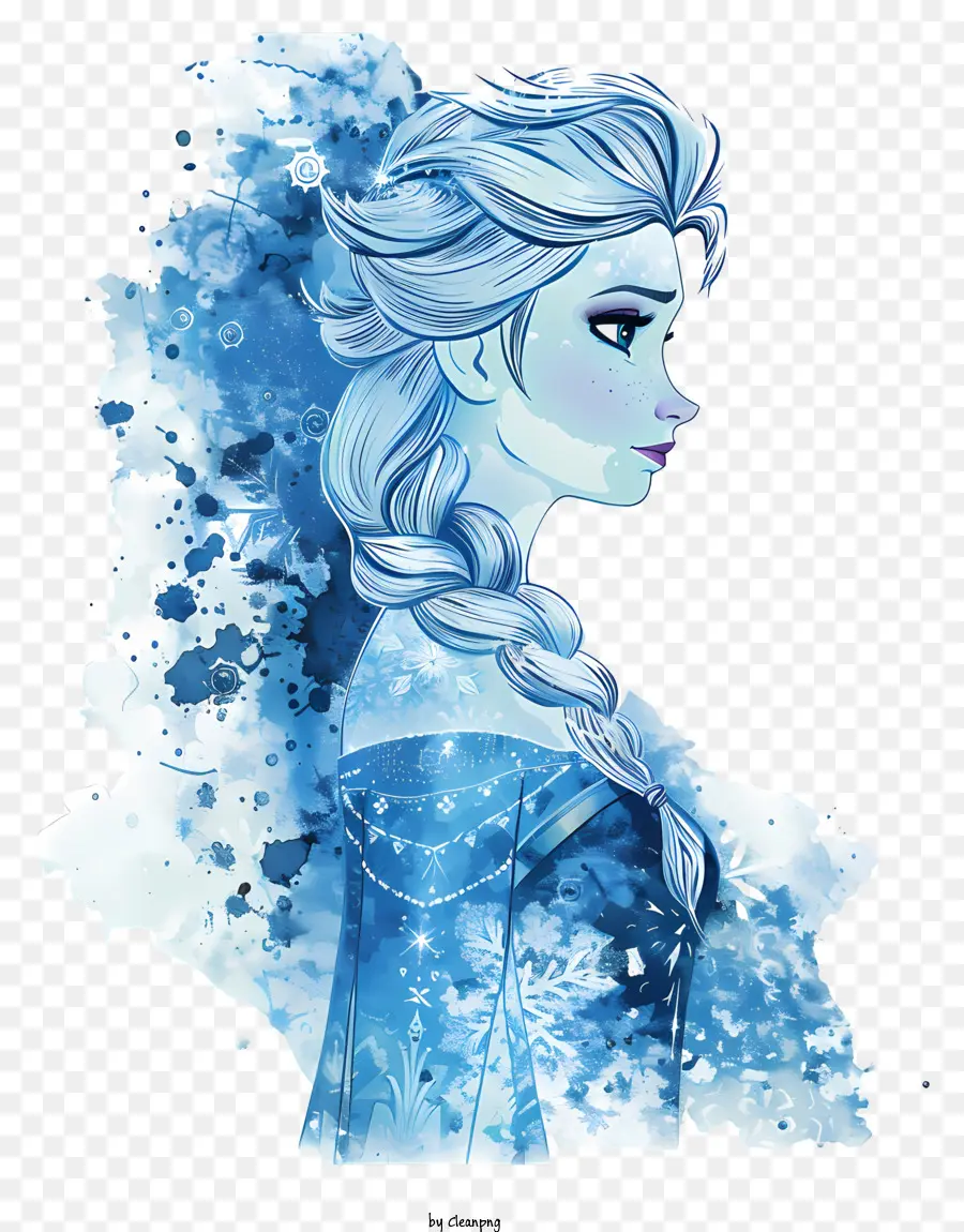 frozen elsa princess watercolor portrait blue hair white eyes long dress
