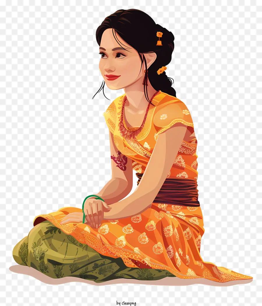Kambodschanische Frau Cartoon Frau Orange Kleid sitzt gekreuzte Beine - Frau im orangefarbenen Kleid sitzt, lächelnd, kein Hintergrund