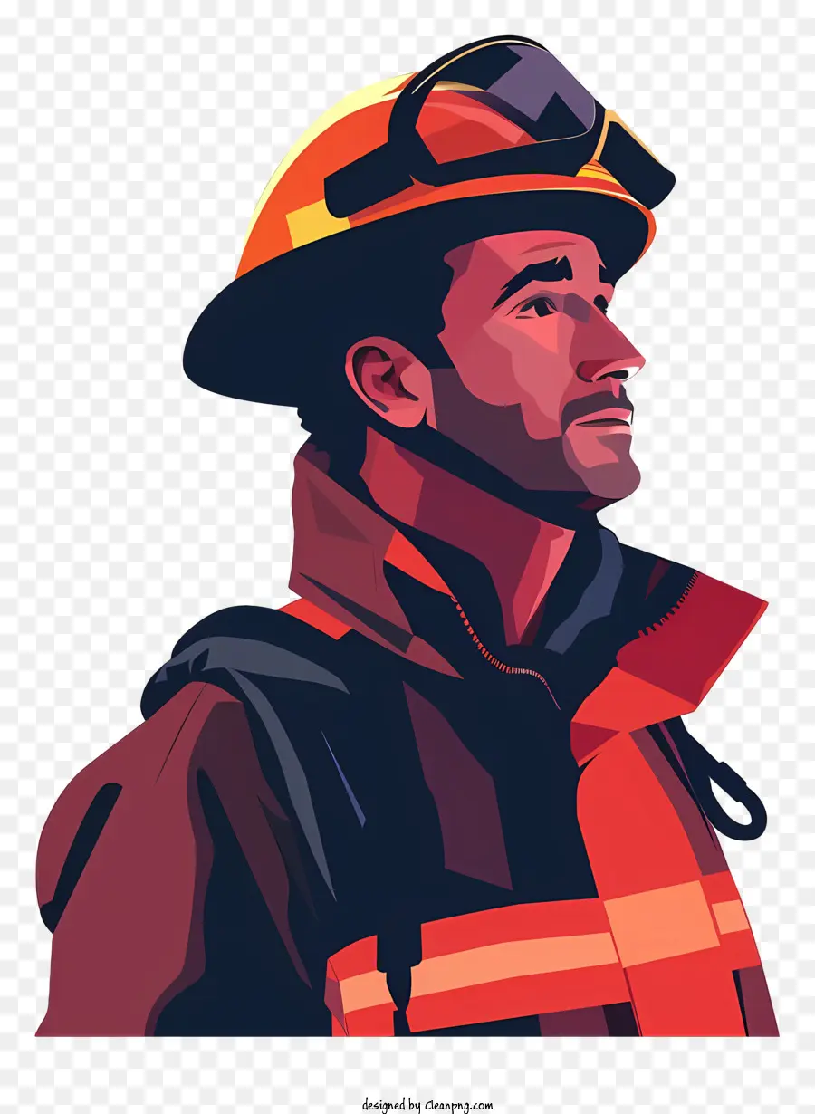 Feuerwehrmann - Ernsthafter Feuerwehrmann vor brennendem Gebäude