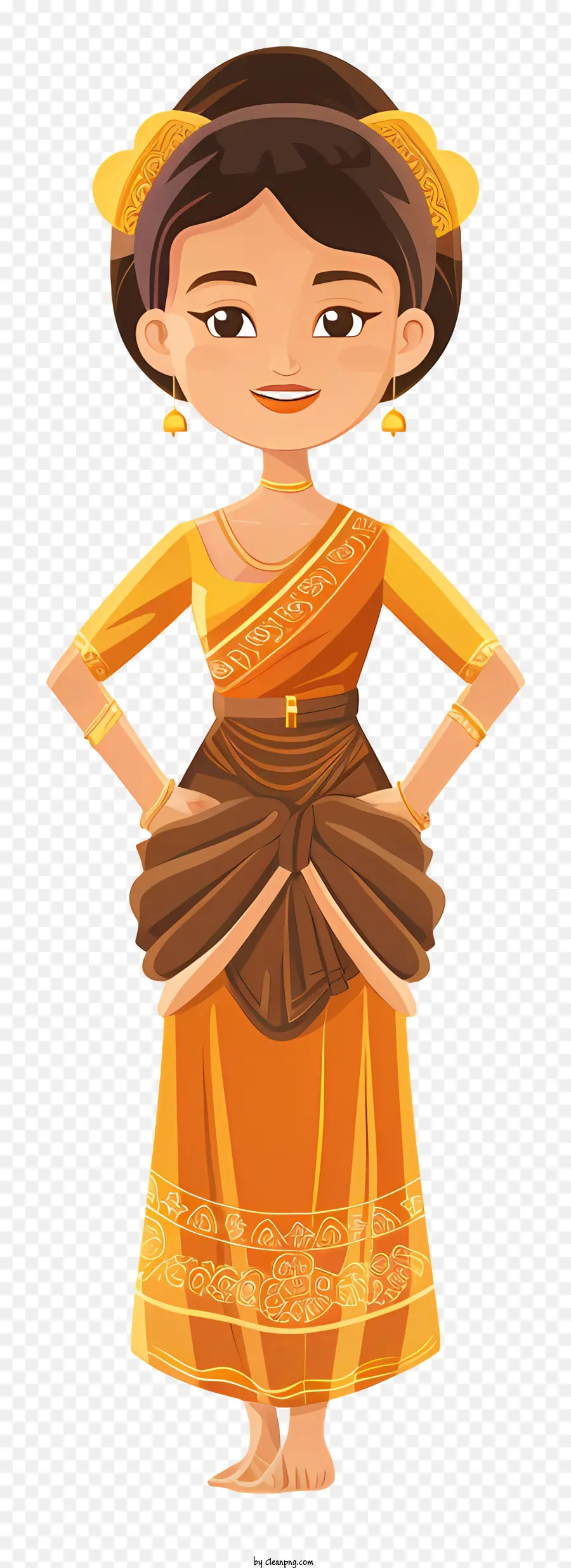 Kambodschanische Frau Cartoon Sari Gold Schmuck Lächeln traditionelle Kleidung - Frau in traditionellem Orangensari und Schmuck