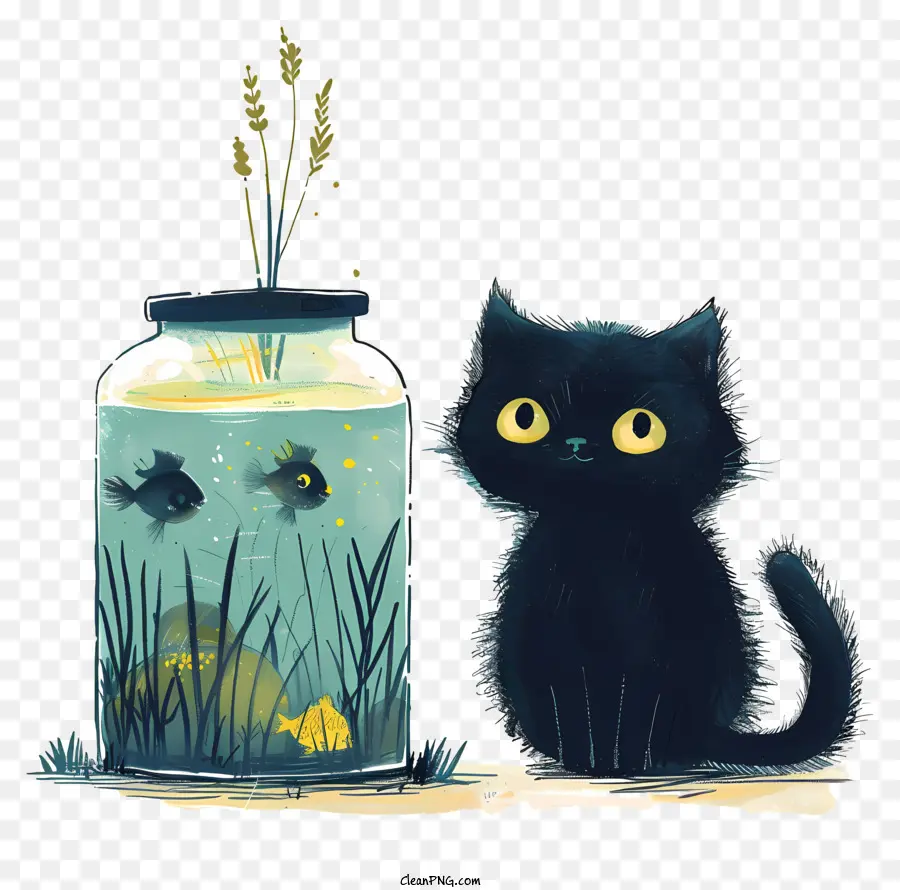 Katze mit Fischtank schwarzer Katzenglas Glas Fisch Interesse - Schwarze Katze von Fisch im Glas fasziniert