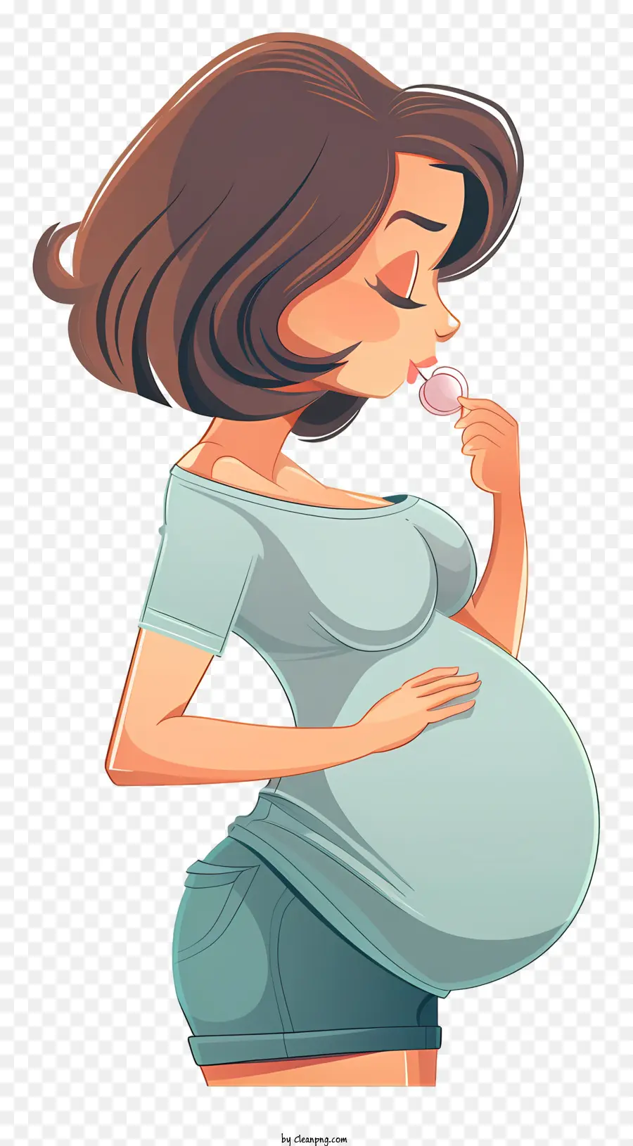 Donna incinta Cartoon Gravidanza Cartoon Donna Blue Shirt - Donna incinta leccare il dito in stile cartone animato