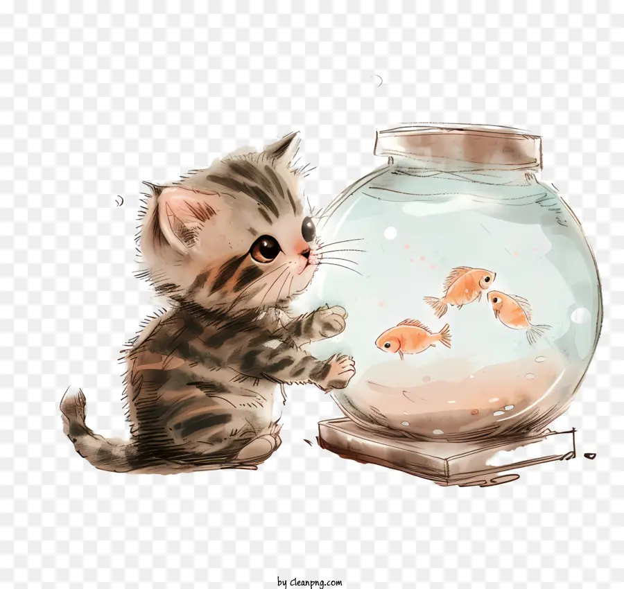 Cat với bể cá mèo con Tank Fish Tank cá vàng hoạt hình - Con cá mèo tò mò đồng cá cam trong bể