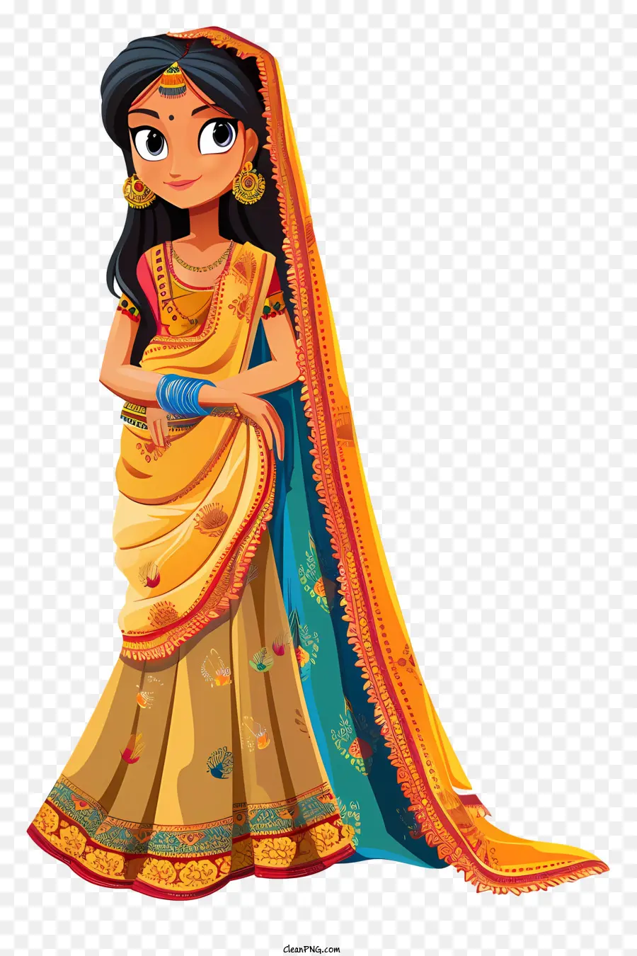 Cartoon indiano Cartoon Fashion Indian Sari Abbigliamento tradizionale Gioielli d'oro - Donna indiana in sari e gioielli tradizionali
