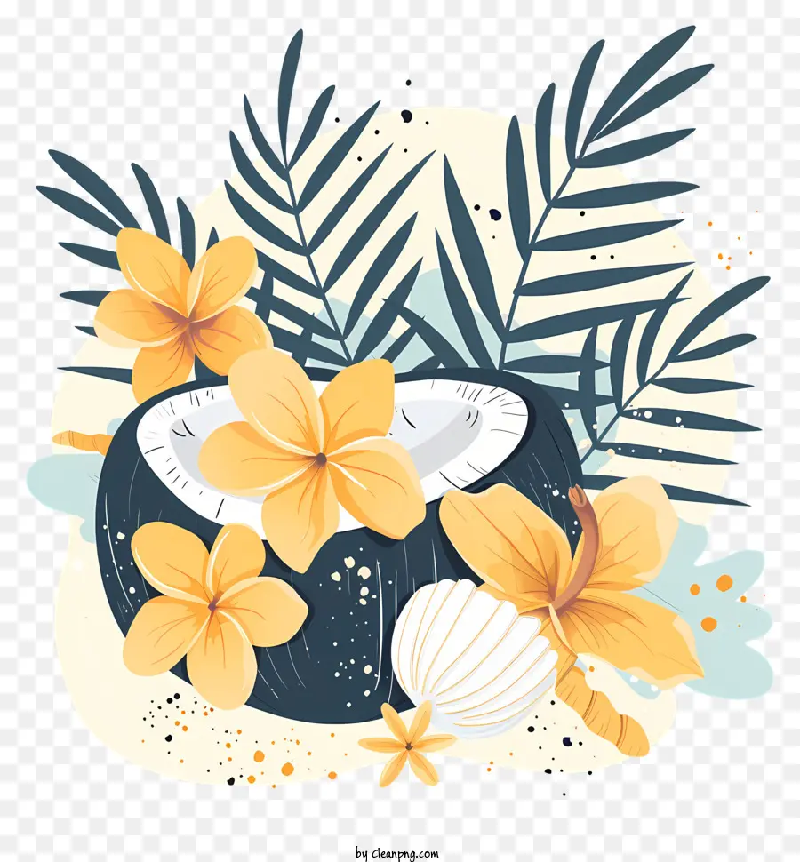 Palmblätter - Tropisches Design mit Kokosnuss, Handfläche, Blumen, Farben