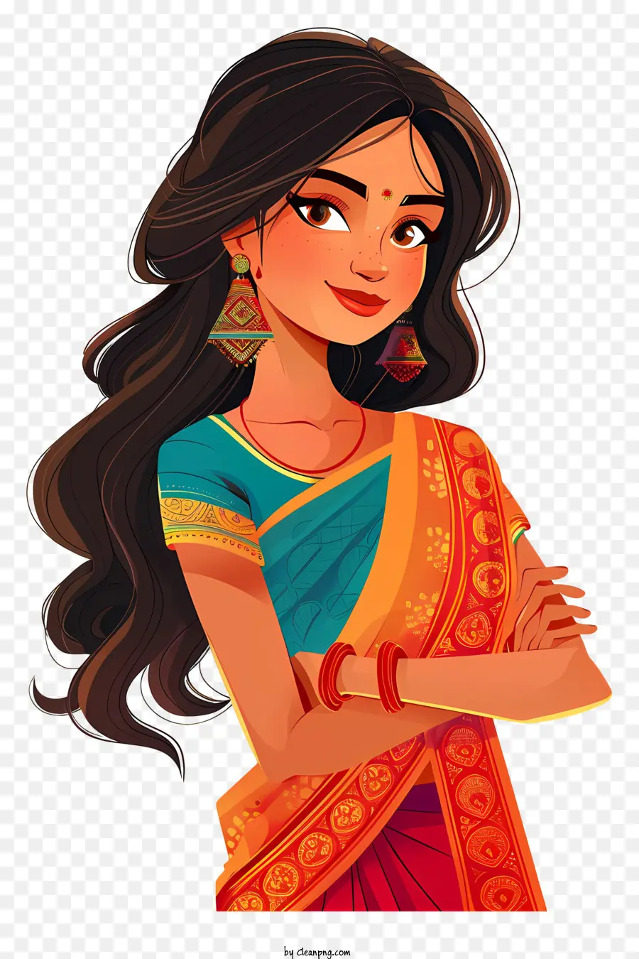 indische Frau Cartoon Sari Indian Kleidung Gold Schmuck Diamant Schmuck Schmuck - Selbstbewusste Frau in der traditionellen indischen Kleidung Pose