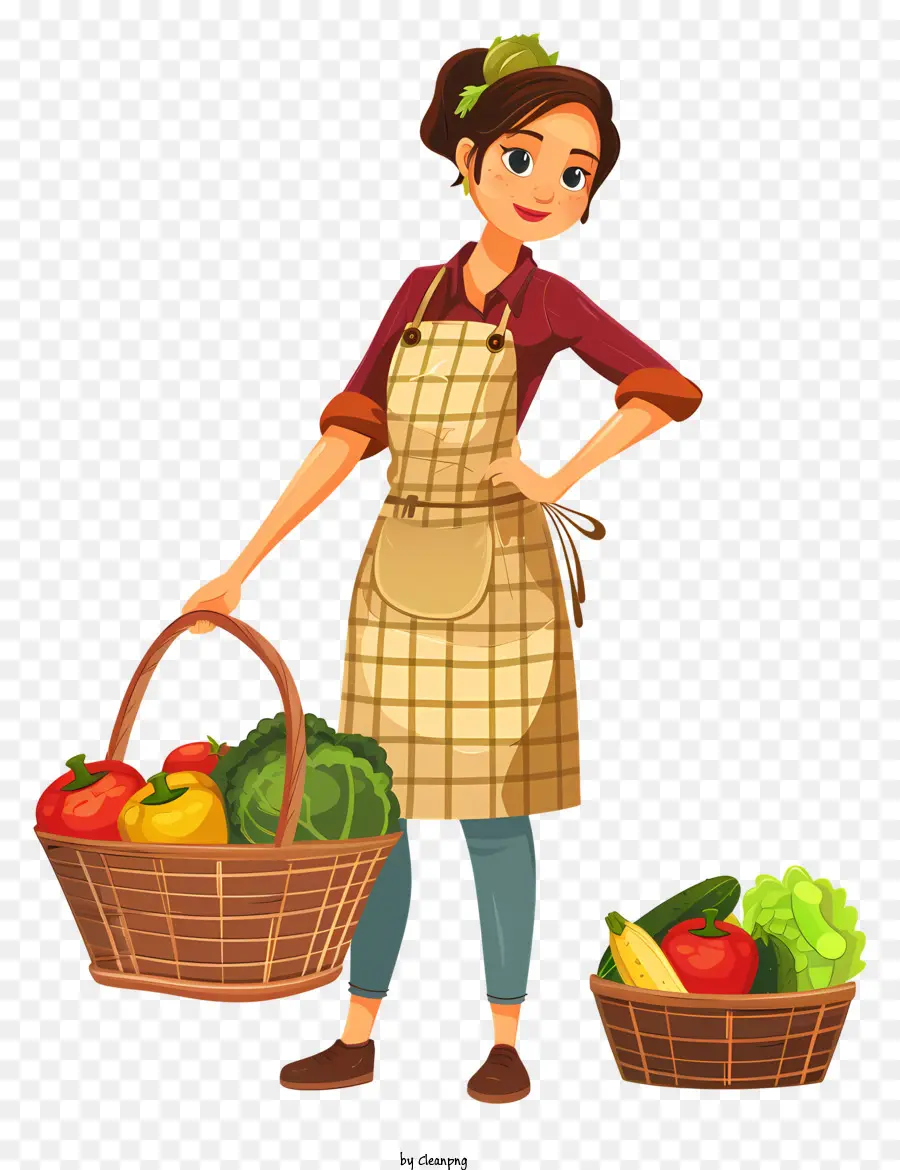kochende Frau Cartoon Frau Schürze Cap Korb - Frau mit frischem Gemüse in Schürze