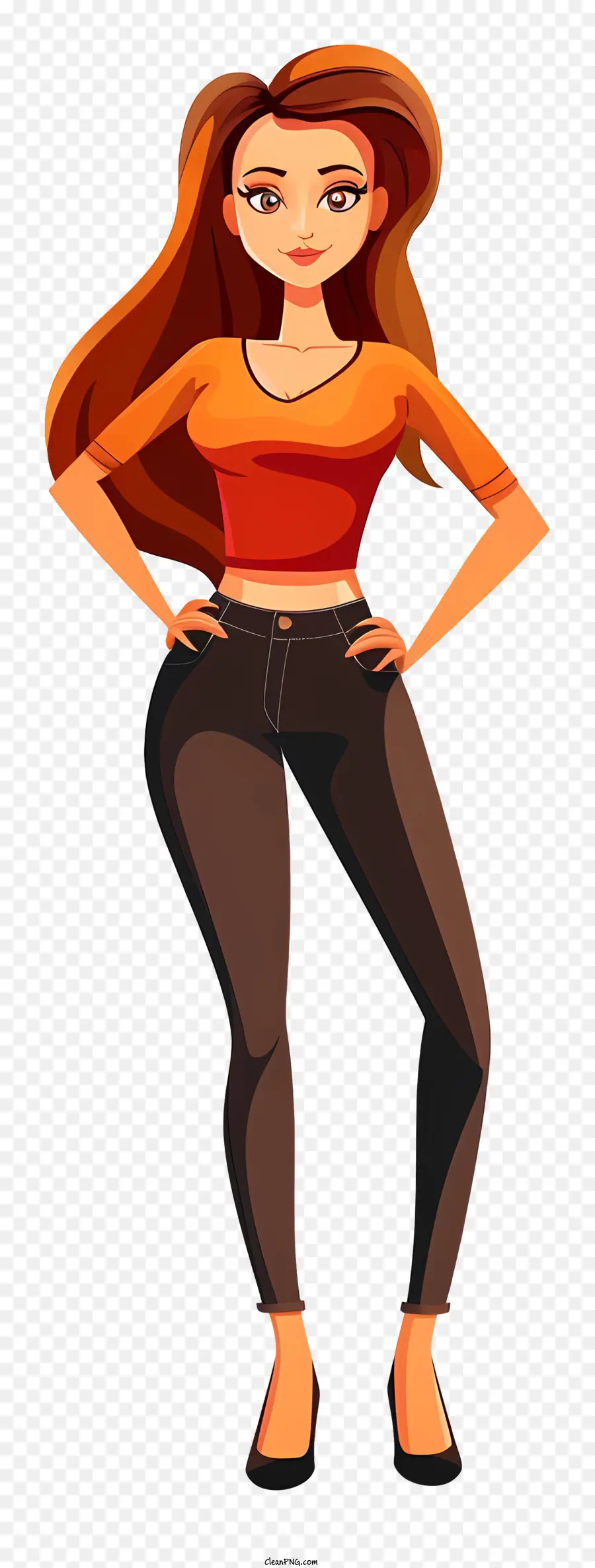 pantaloni top arancioni con capelli rossi con cartone animato magro - Donna con capelli rossi in outfit casual sorridente