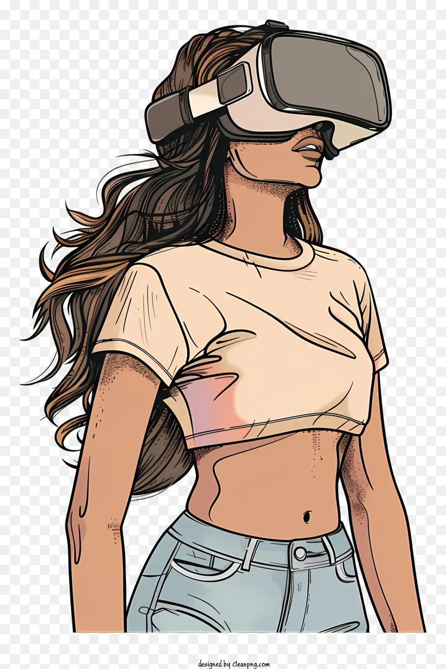 Tragen von VR Headset Virtual Reality Woman VR Headset Zeichnung - Virtual Reality Woman im Vintage -Modestil
