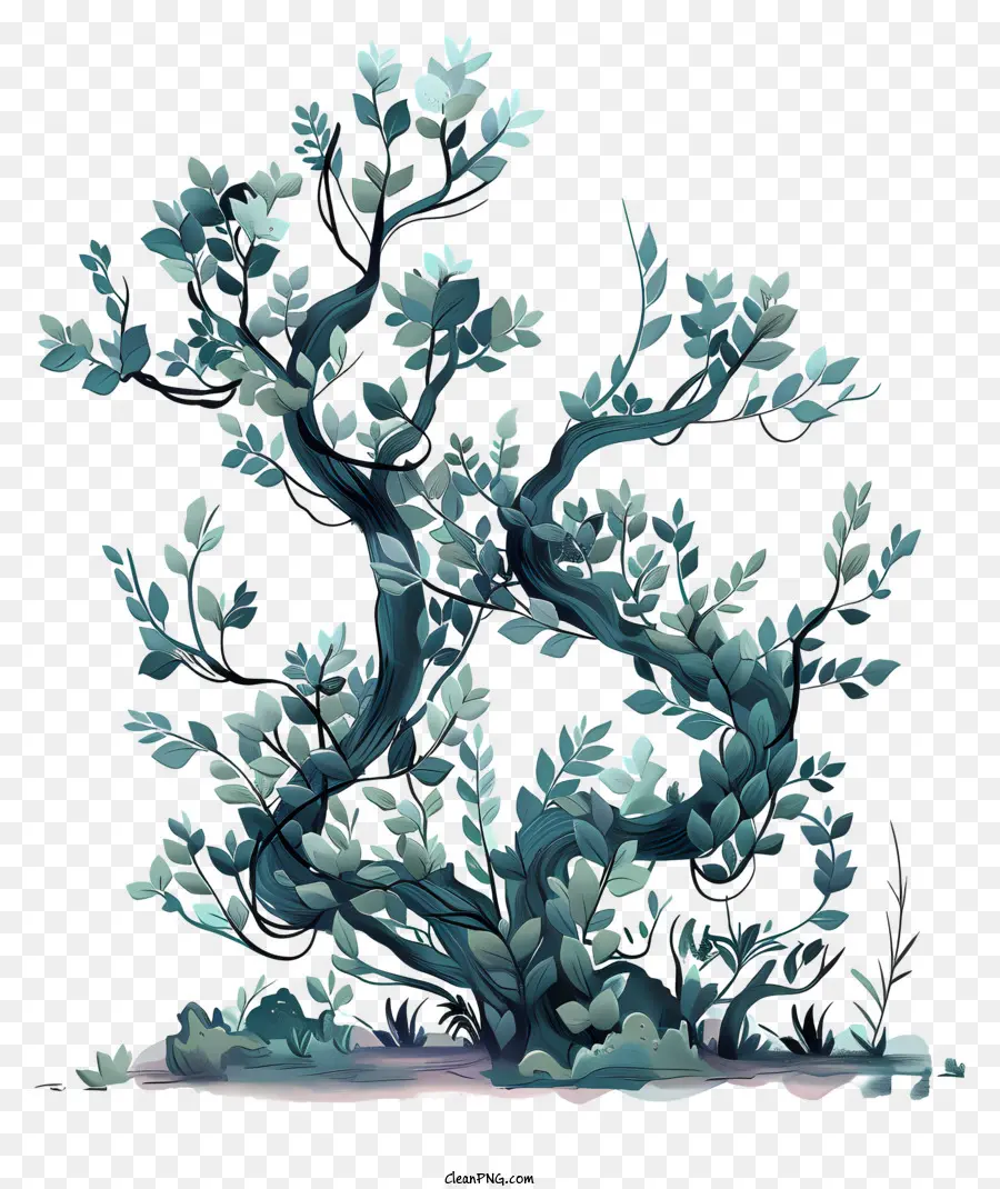 bushes teal tree gnarled trunk small leaves dark background